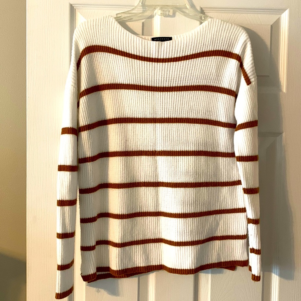 White sweater with brown stripes. Size medium.